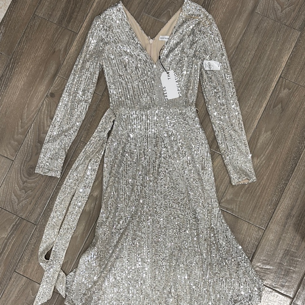Johnathan Kayne Silver Sequin Long Sleeve Gown